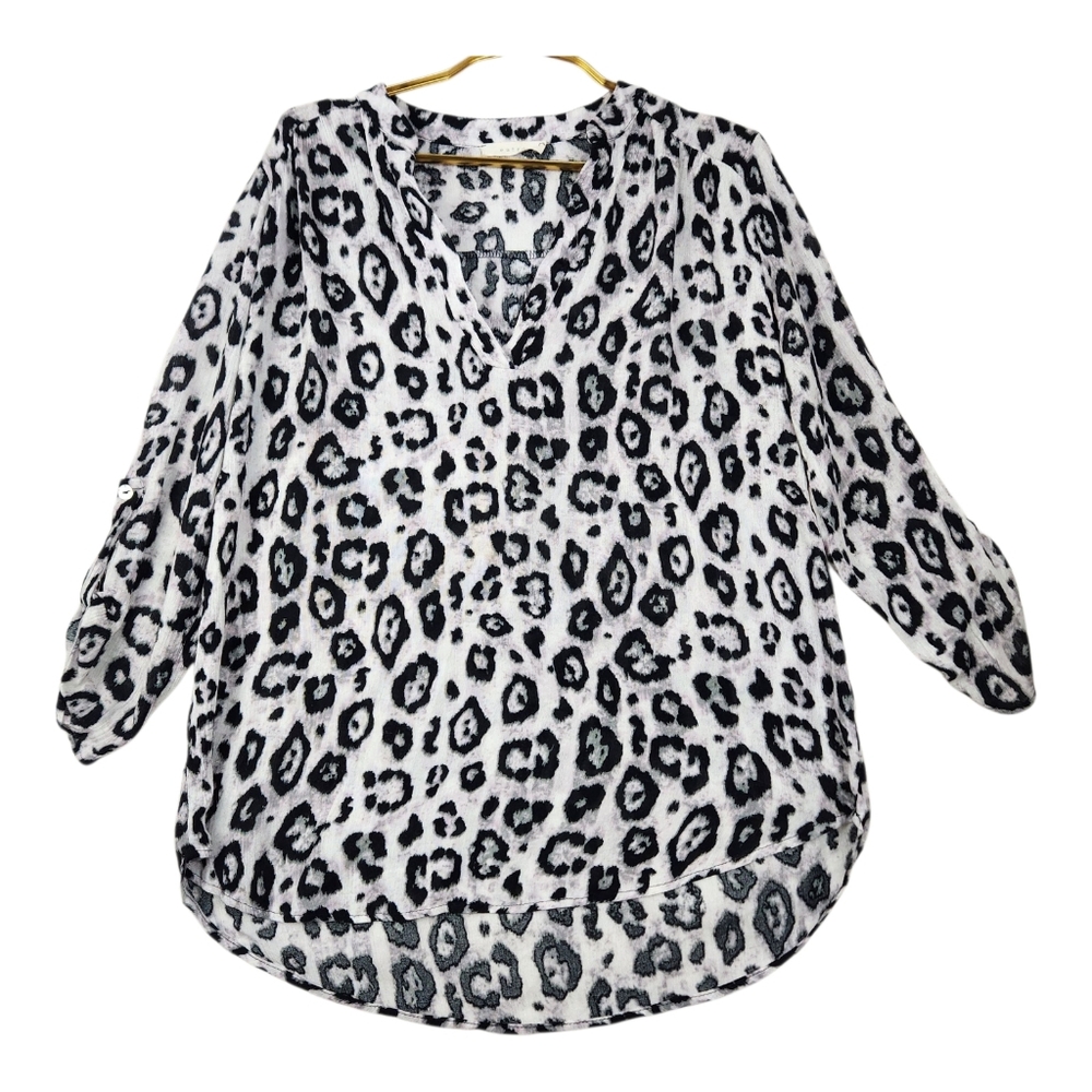 Entro Womens Size Small Pink/Black Leopard Print Roll Tab Sleeve Light Gauze Top